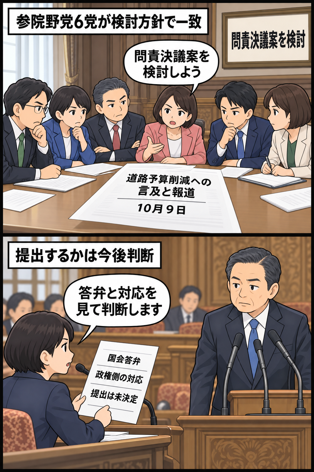 道路予算削減への言及を巡る報道を確認した参院野党6党の代表者が、男性の農相風キャラへの問責決議案を検討し、今後の国会答弁などを踏まえて提出を判断する様子。