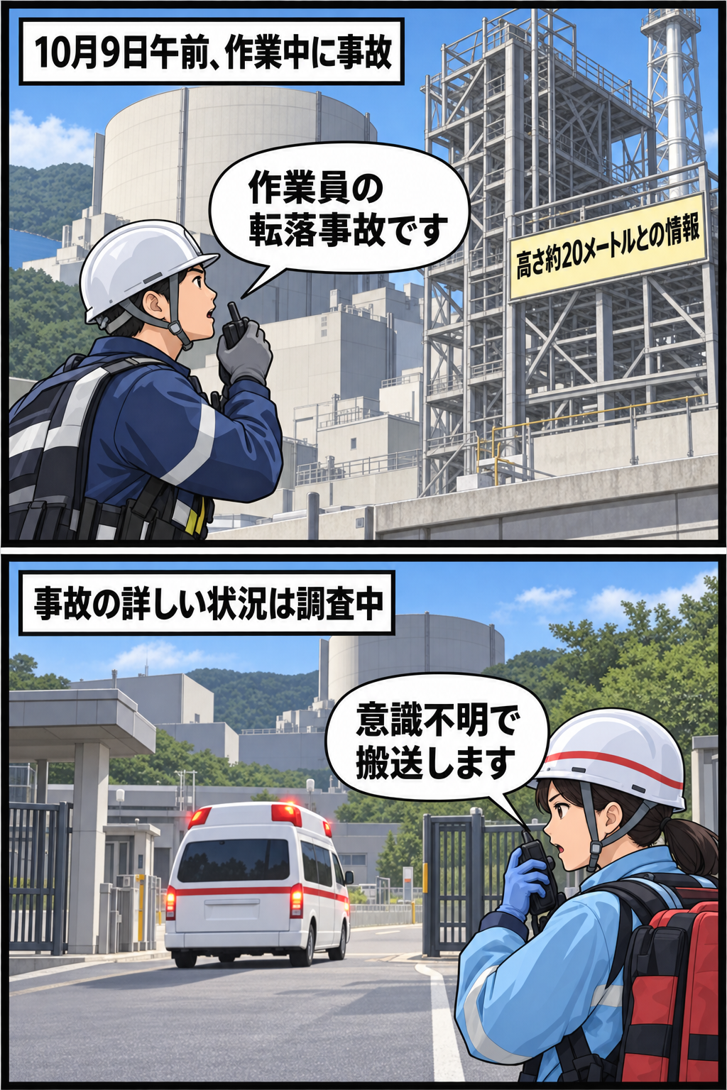 女川原子力発電所の作業現場で転落事故が発生し、男性作業員が意識不明の状態で搬送されるまでを中立的に描いた2コマ漫画。