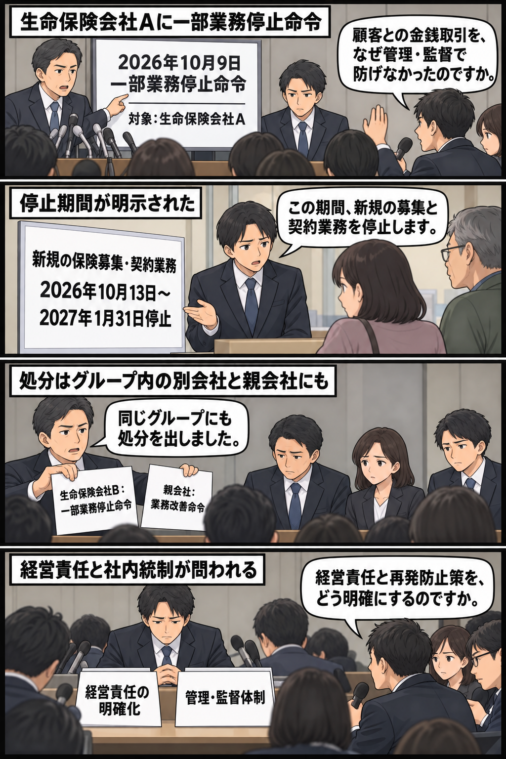 金融監督当局が保険会社グループへの行政処分を示し、記者が管理・監督体制を問いただす中、新規保険販売の停止期間や親会社への改善命令、経営責任の明確化を順に伝える4コマ漫画。