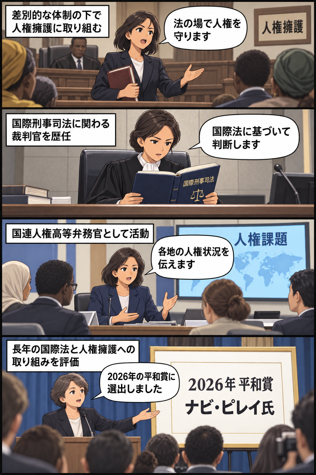 一般化された女性法律家が、人権擁護、国際刑事司法、国際的な人権活動を経て、2026年の平和賞受賞者として発表されるまでを描いた4コマ漫画。