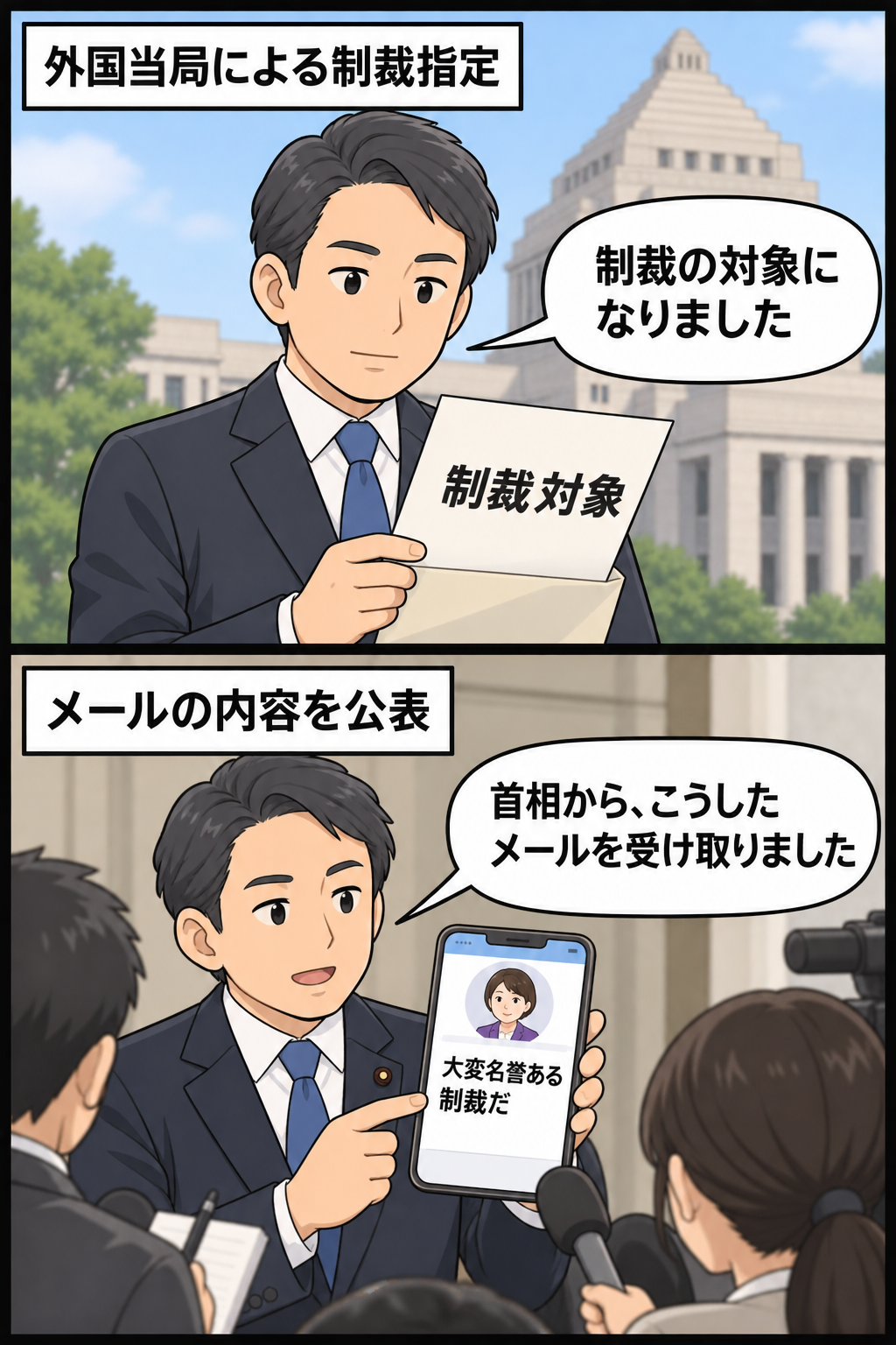 外国当局から制裁対象に指定された男性議員風キャラが、女性の首相風キャラから届いた評価メールの内容を記者に明らかにする2コマ漫画。