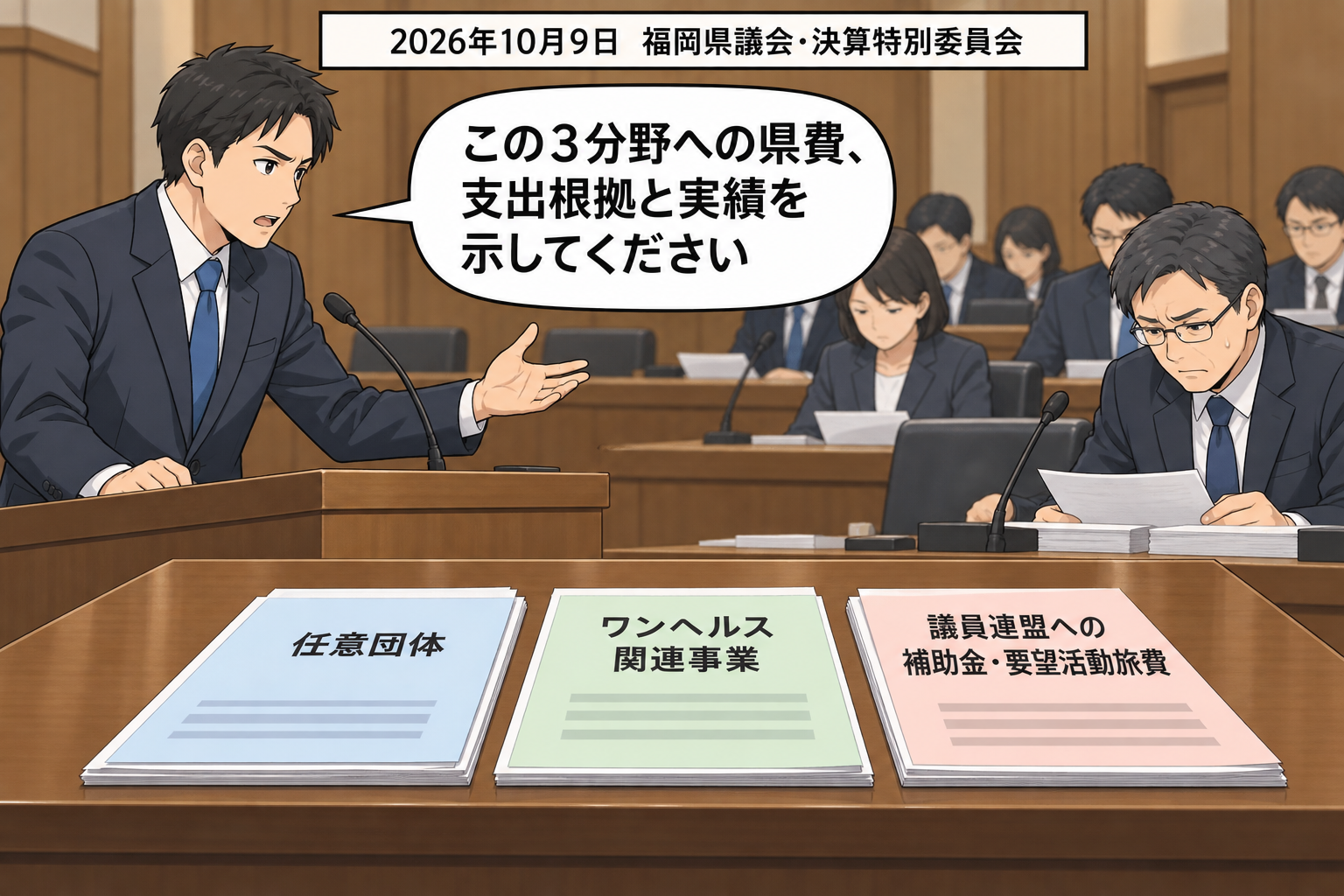 福岡県議会の決算特別委員会で、県議が任意団体、ワンヘルス関連事業、議員連盟への県費支出について県担当者に説明を求めている。県担当者は緊張した表情で資料を確認している。