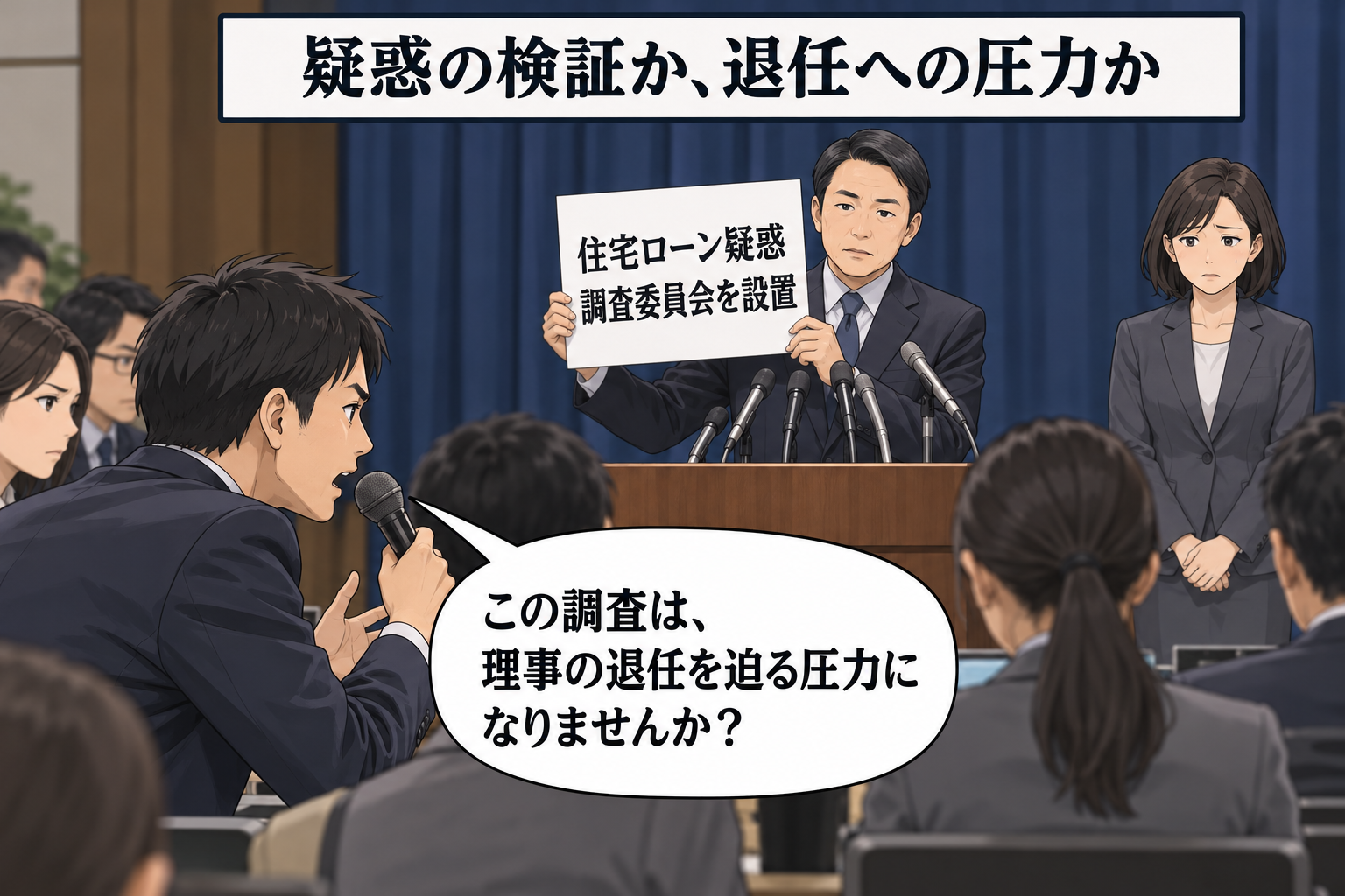 政権報道官風キャラが調査委員会の設置を発表し、記者が中央銀行理事への退任圧力にならないか問いかける。離れた場所には、特定人物に似せていないスーツ姿の女性の中央銀行理事風キャラが緊張した表情で立っている...