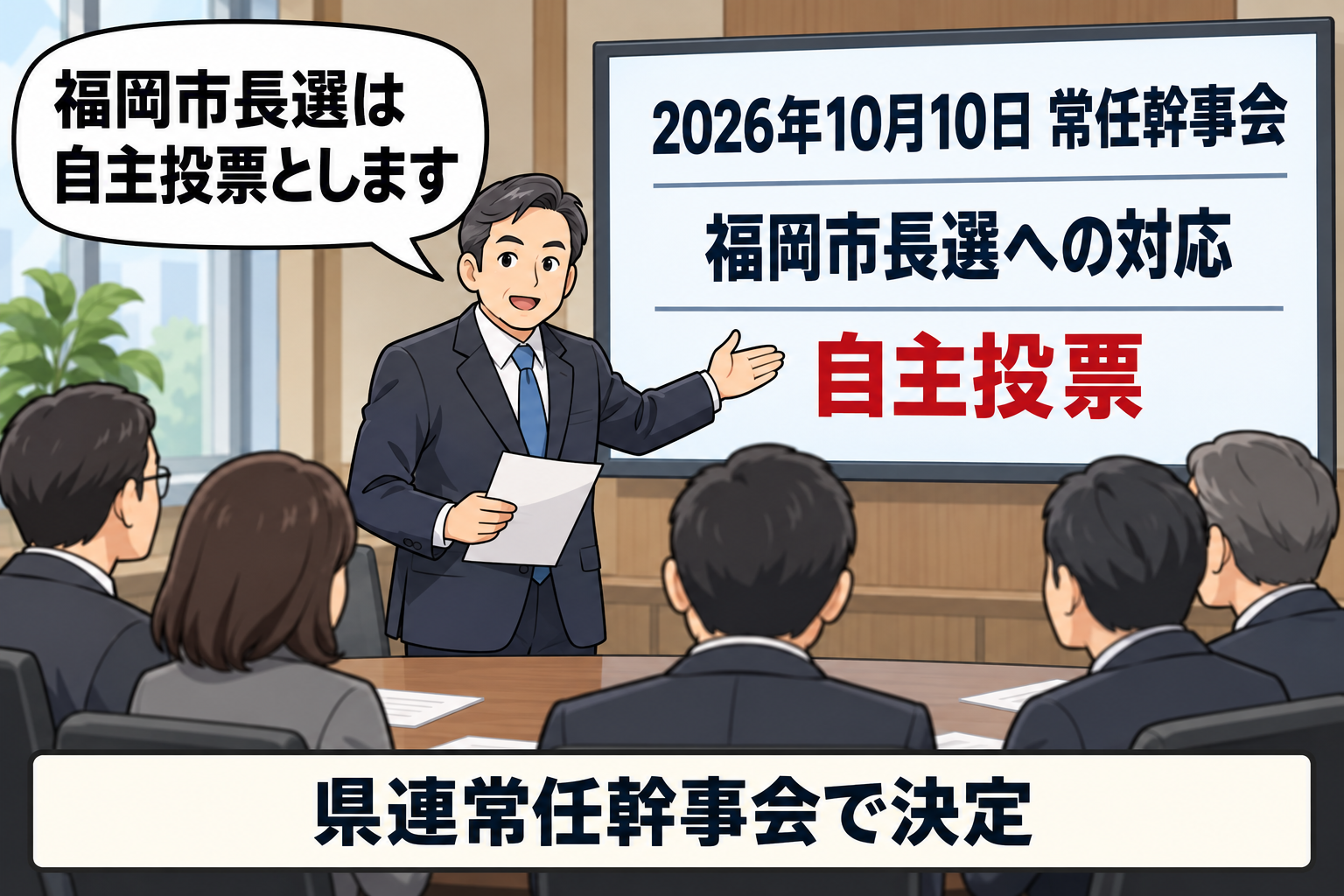 2026年10月10日、立憲民主党福岡県連を一般化した政治団体の会議で、福岡市長選を自主投票とする決定が淡々と発表されている。