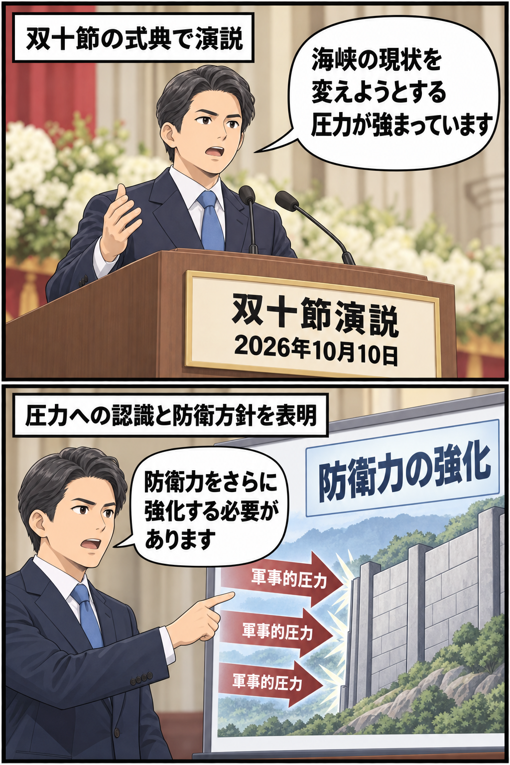 双十節の式典で演説する男性の総統風キャラが、海峡の現状を変えようとする圧力への認識と防衛力強化の必要性を順に表明する二コマ漫画。