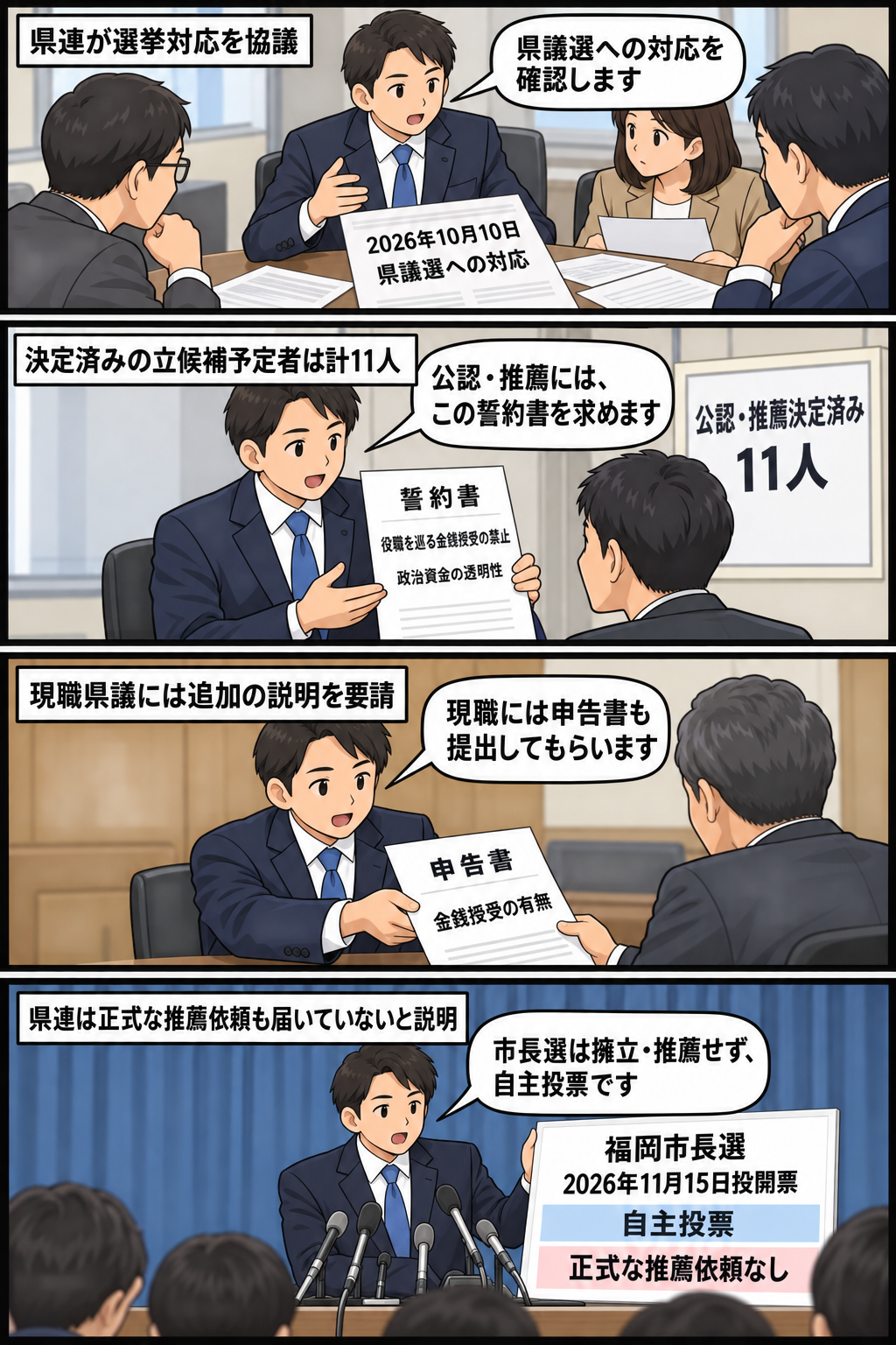 立憲民主党福岡県連の一般化された担当者が、県議選候補への誓約書、現職県議への申告書、福岡市長選の自主投票方針を順に説明する中立的な4コマ漫画。