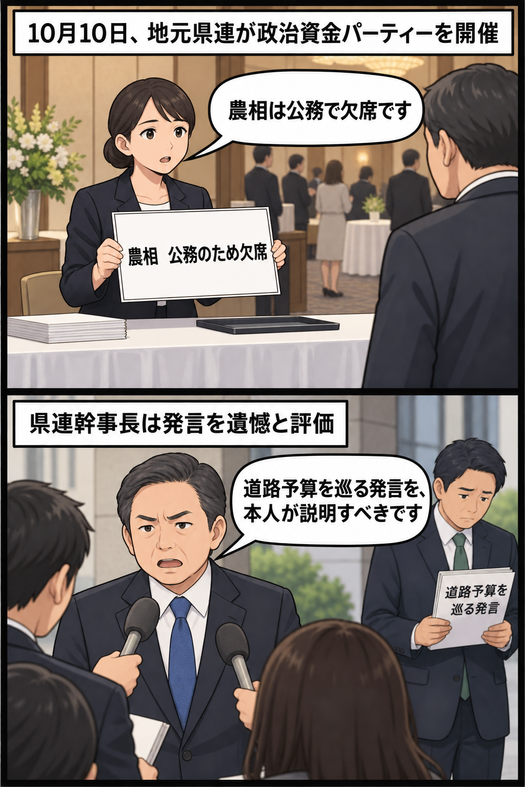 宇都宮市で開かれた政治資金パーティーで男性の農相風キャラが公務を理由に欠席し、会合後に地元議員が道路予算を巡る発言について説明を求める2コマ漫画。