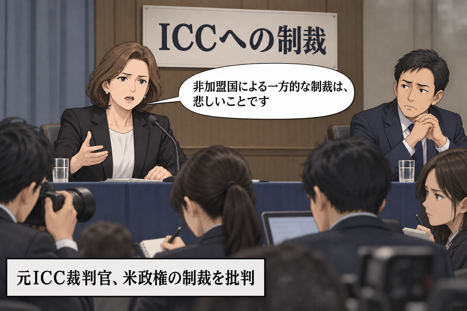 『ICCへの制裁』と書かれた掲示の前で、女性の元国際裁判官風キャラが制裁を批判し、政府担当者風キャラが緊張した表情で受け止めている。