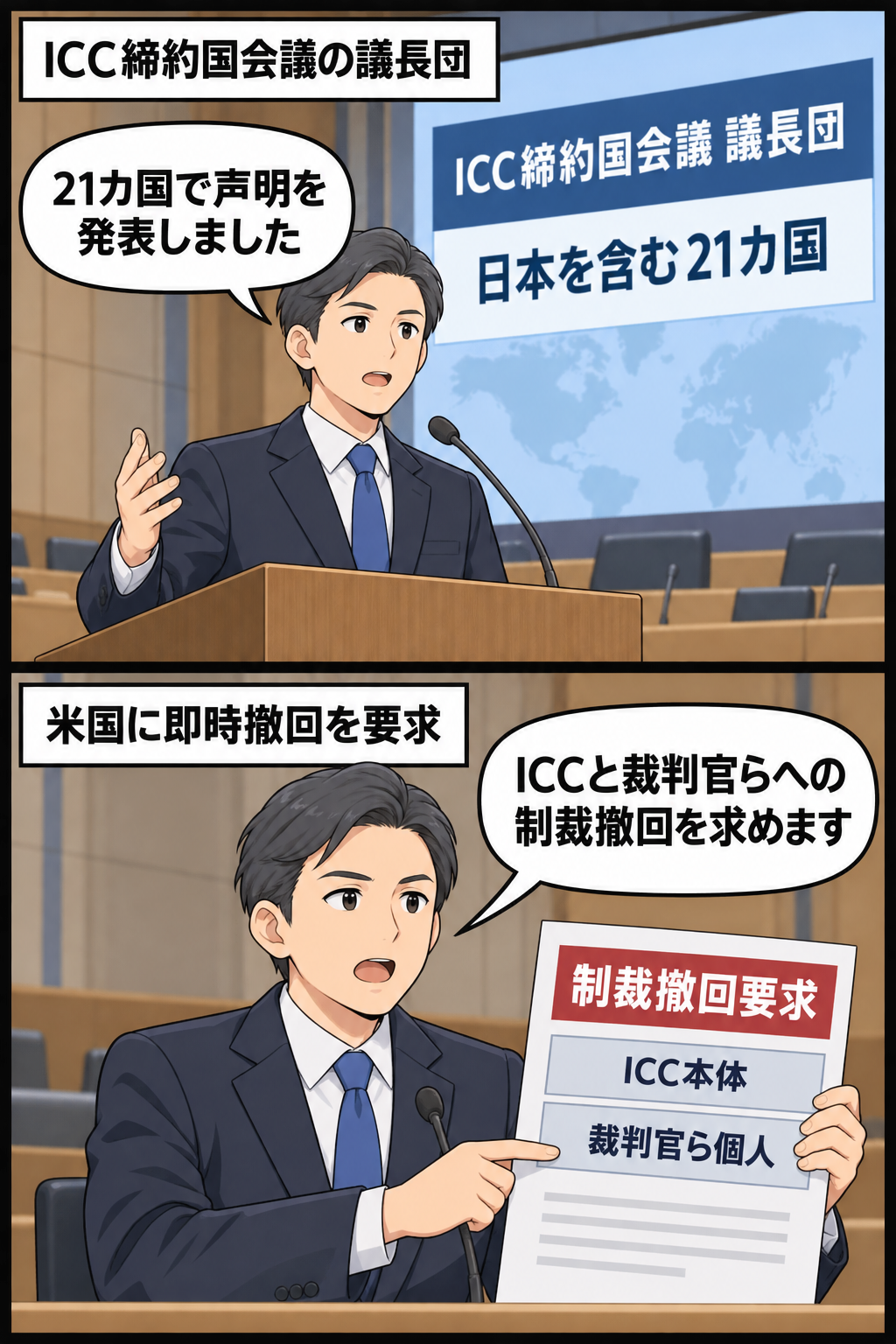 ICC締約国会議の議長団を表す一般化された代表者が、21カ国による声明と、ICC本体および裁判官ら個人への制裁撤回要求を順に説明する2コマ漫画。