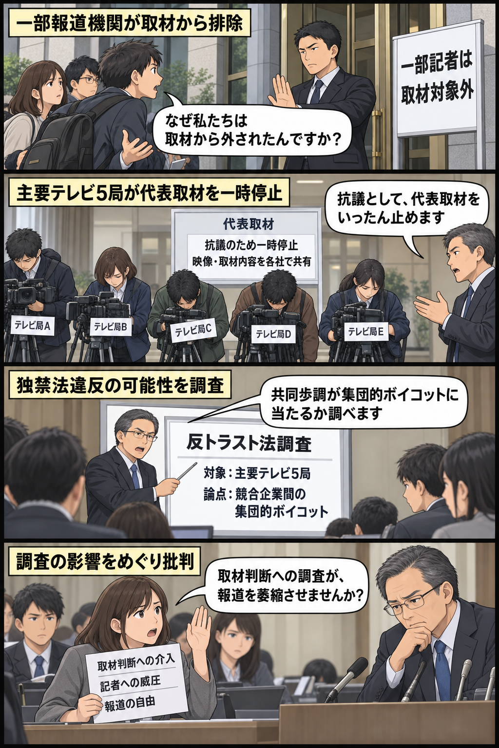 大統領府風の建物で一部記者が取材から外され、主要テレビ5局が抗議として代表取材を一時停止した後、司法当局が独禁法上の調査を開始し、記者が報道の自由への影響を問いただす4コマ漫画。