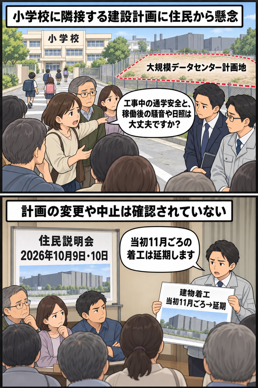 小学校に隣接するデータセンター計画について住民が騒音や日照、工事中の安全を問い、続く住民説明会で事業者が着工延期を説明する2コマ漫画。