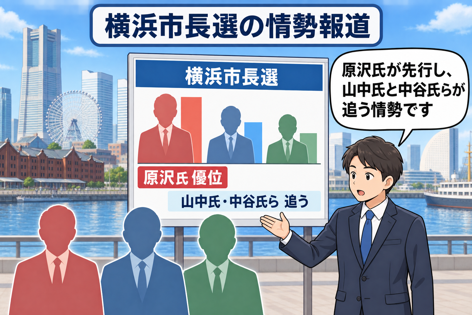 横浜市長選の情勢として、原沢氏が優位で山中氏と中谷氏らが追う構図を、中立的な選挙報道画面で示した一コマ漫画。