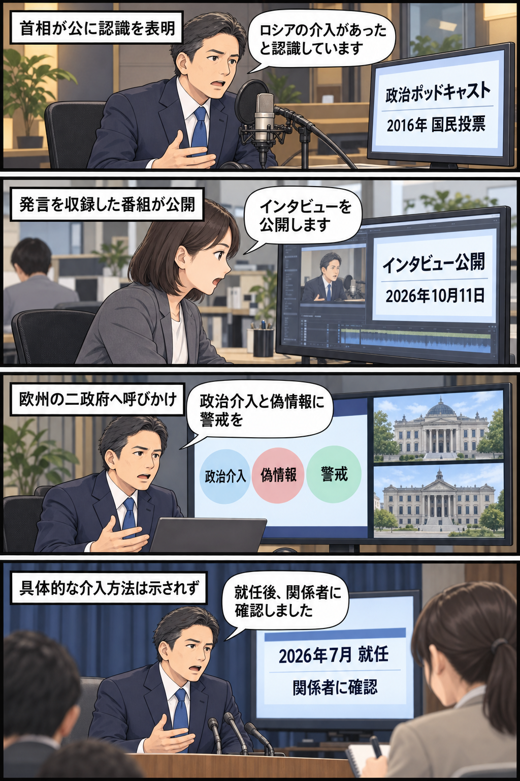 スーツ姿の男性の首相風キャラが、2016年の国民投票への介入認識を表明し、欧州の二政府へ政治介入と偽情報への警戒を呼びかけるまでを、中立的に描いた4コマ漫画。