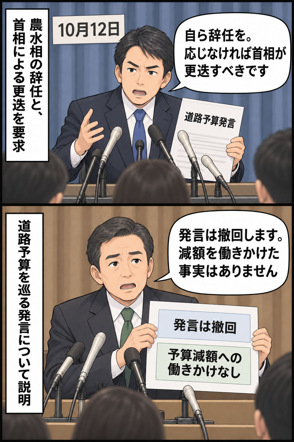 道路予算を巡る発言について、野党幹事長風の男性が農水相の辞任・更迭を求め、別の場面で農水相風の男性が発言の撤回と予算減額への働きかけを否定している二コマ漫画。
