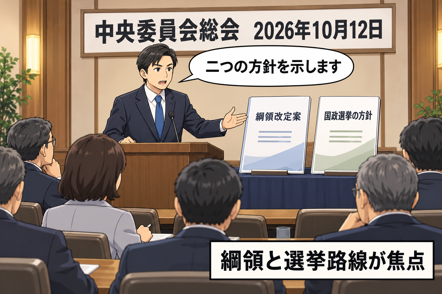 共産党の中央委員会総会を抽象化した会議室で、党幹部風キャラが綱領改定案と国政選挙方針の二つの資料を示している中立的な一コマ漫画。