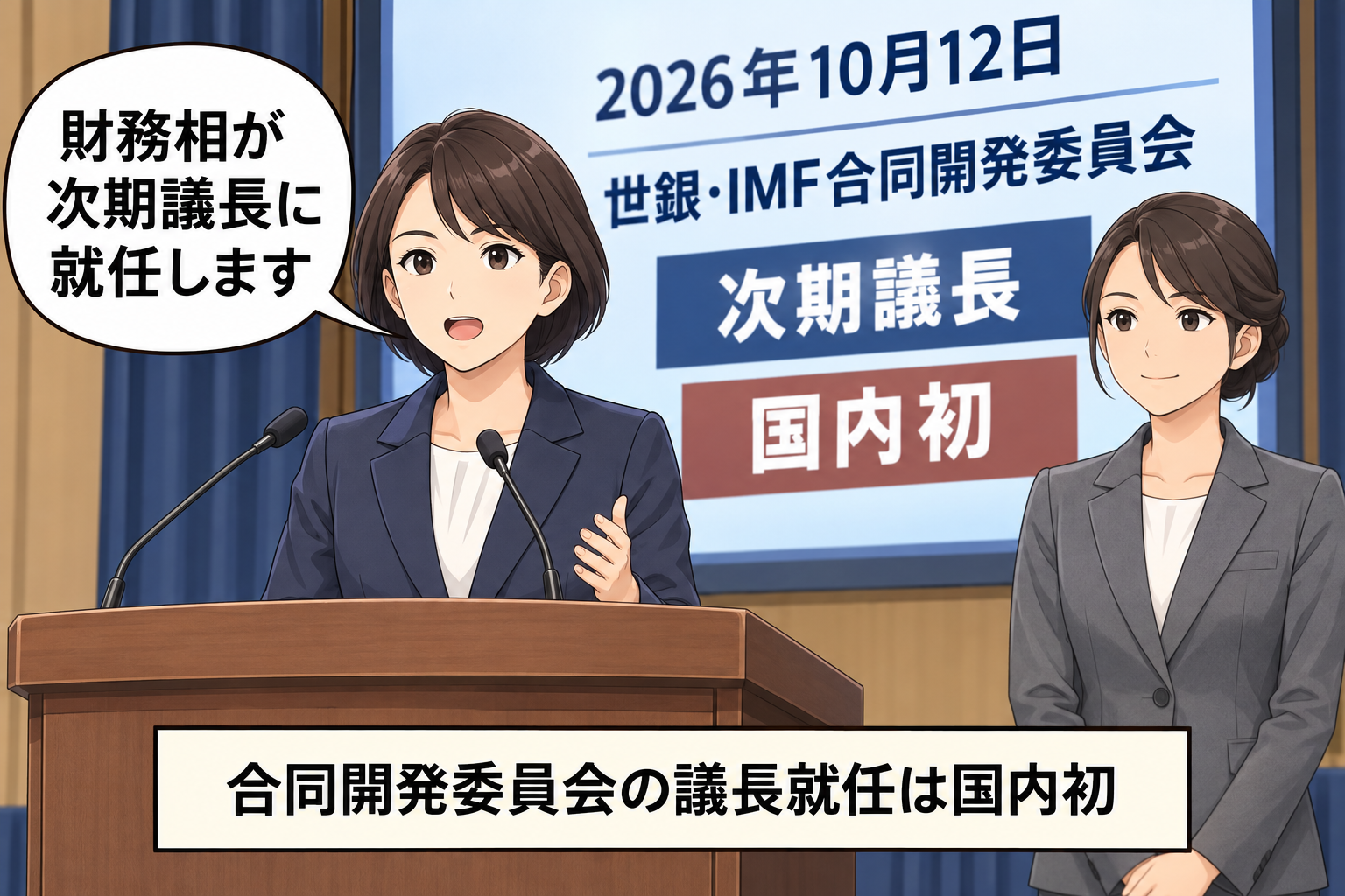 スーツ姿の女性の首相風キャラが、女性の財務相風キャラの世界銀行・IMF合同開発委員会次期議長就任を発表し、背後の表示が国内初であることを伝える一コマ漫画。
