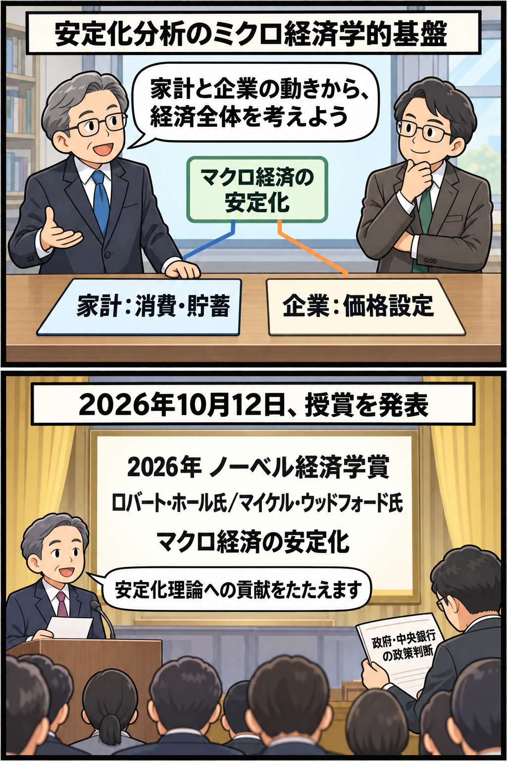 家計の消費・貯蓄と企業の価格設定を組み込んだマクロ経済研究を、一般化された男性教授風キャラ2人が整理し、その理論的貢献が2026年ノーベル経済学賞として認められたことを描く2コマ漫画。