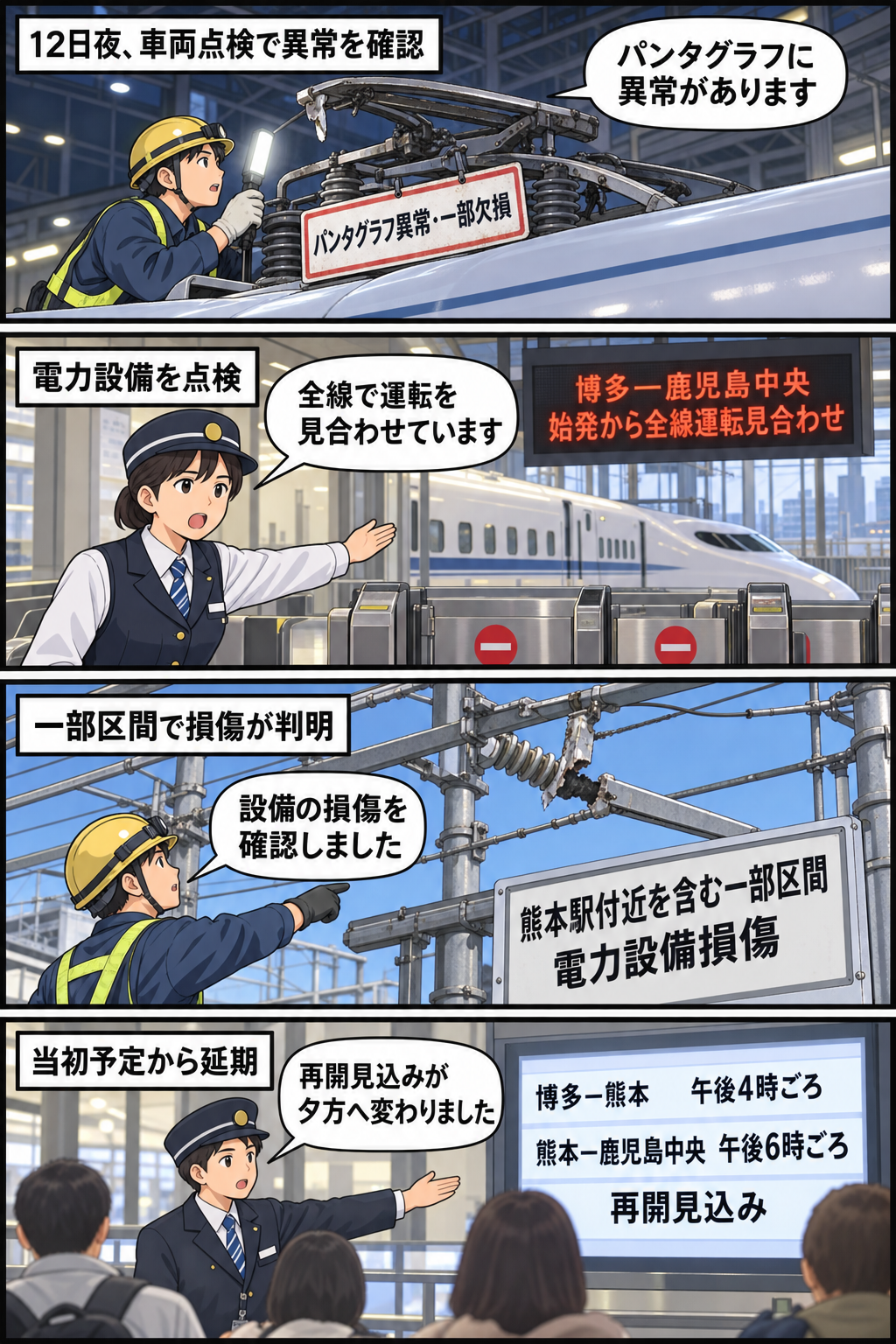 九州新幹線でパンタグラフの異常が見つかり、全線運休と設備点検を経て、博多―熊本間と熊本―鹿児島中央間の再開見込みが夕方へ延期されるまでを描いた4コマ漫画。