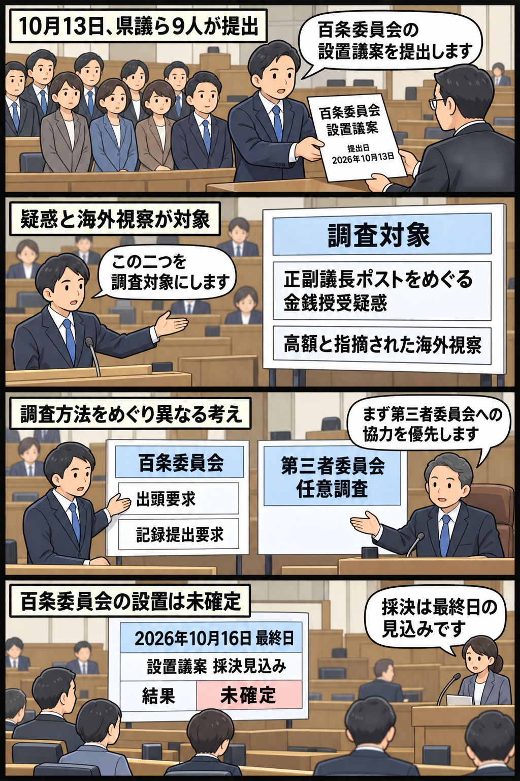 福岡県議会を想起させる一般化された議場で、9人の県議による百条委員会設置議案の提出から、調査対象と権限、10月16日の採決見込みまでを中立的に描く4コマ漫画。