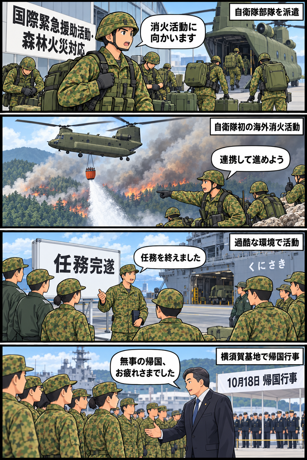 国際緊急援助隊として派遣された自衛隊部隊が、インドネシアの森林火災で初の海外消火活動にあたり、任務を終えて横須賀基地の帰国行事に参加するまでを描いた4コマ漫画。