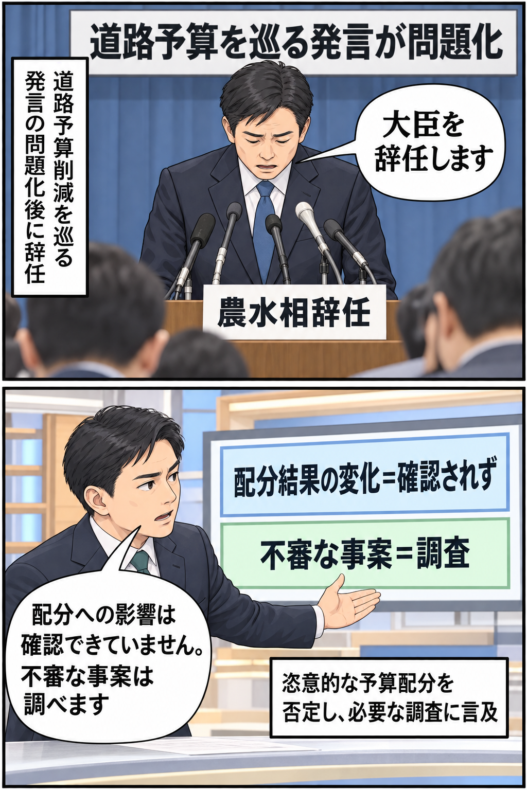 道路予算削減を巡る発言が問題となり辞任を表明する男性の前農水相風キャラと、予算配分への影響は確認されていないが不審な事案は調査すると説明する男性の党幹部風キャラを描いた2コマ漫画。