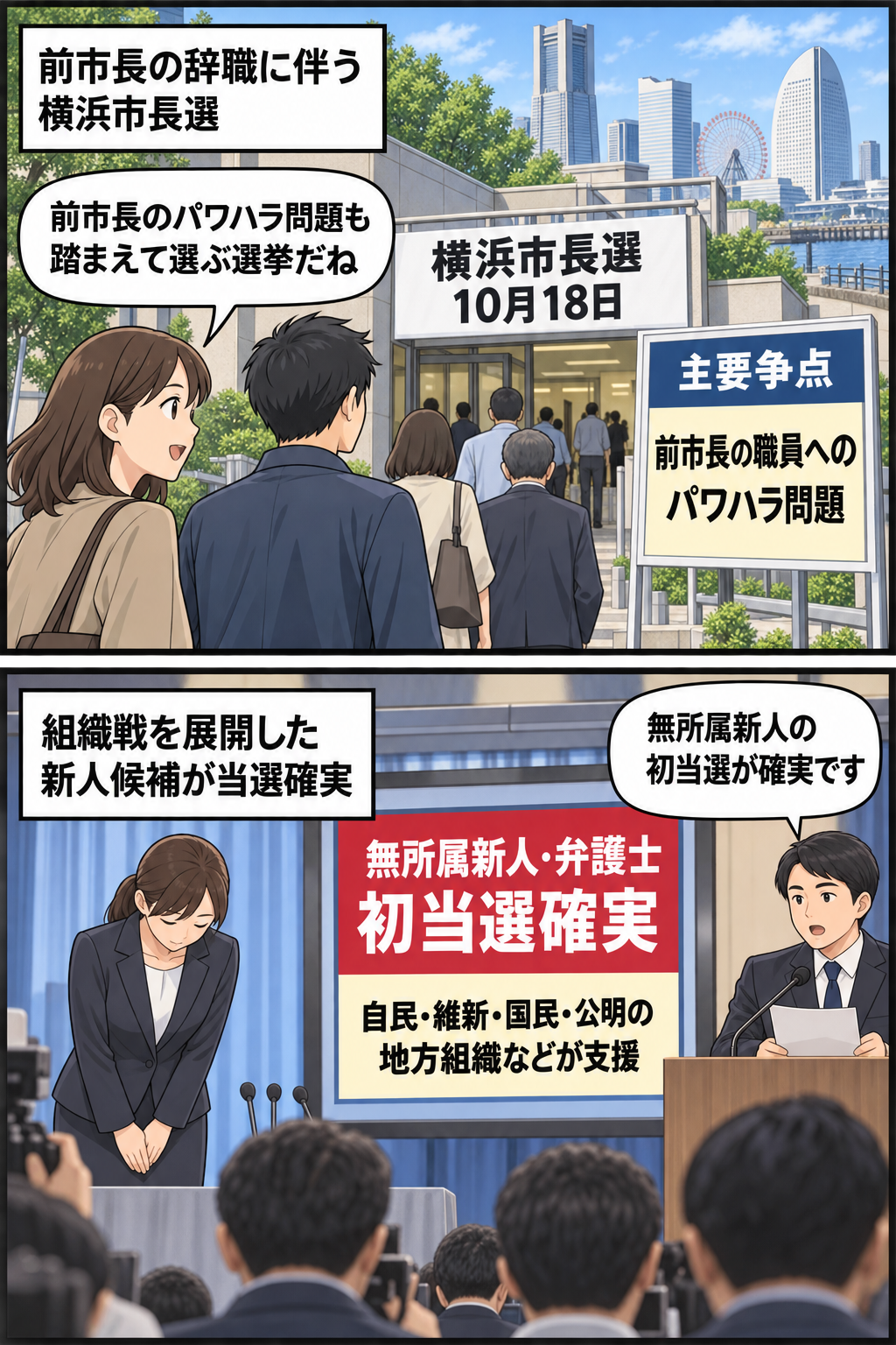 前市長のパワハラ問題が争点となった横浜市長選で、各党地方組織の支援を受けた女性弁護士の新人候補が初当選を確実にした流れを描く2コマ漫画。