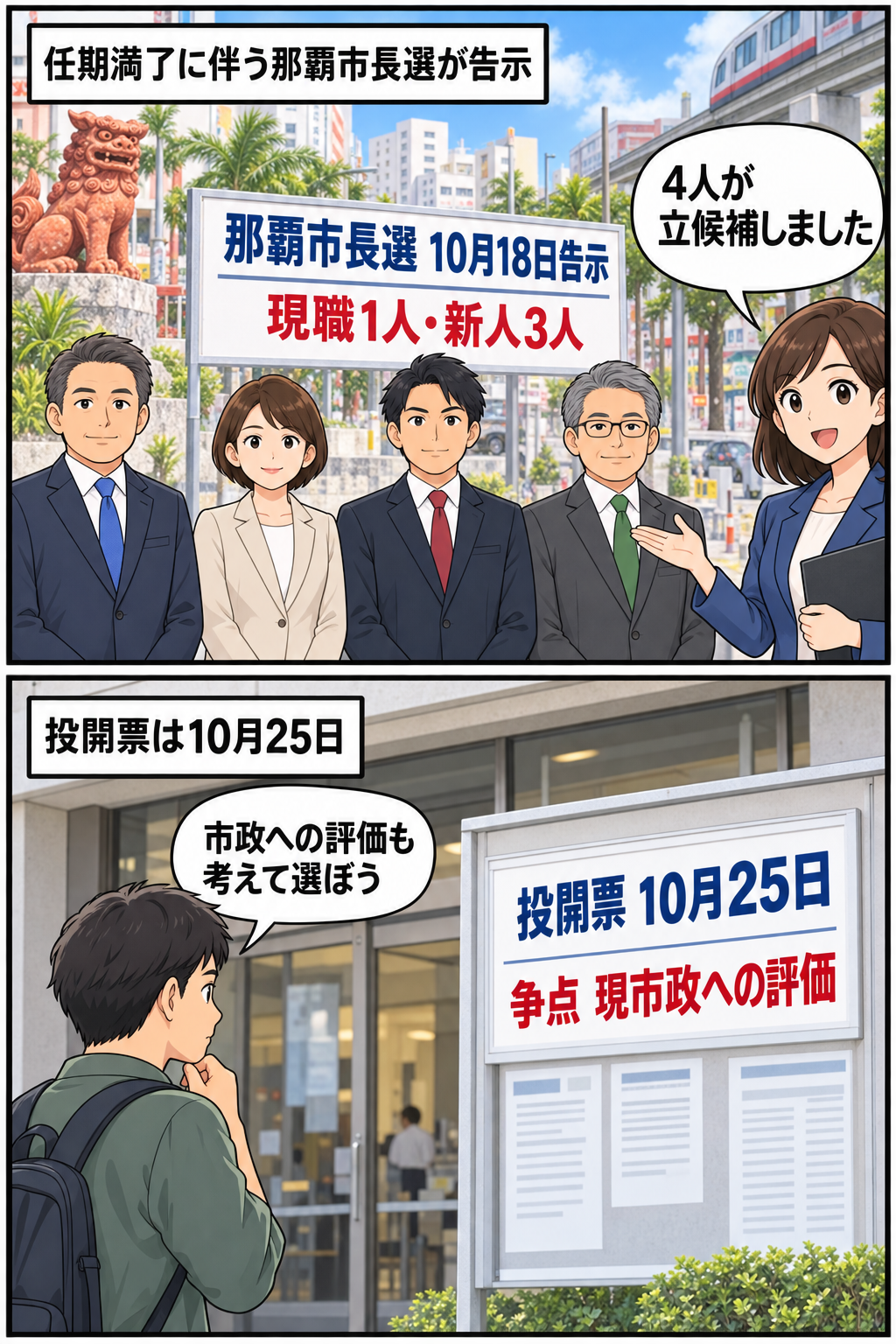那覇市長選の告示日に、現職1人と新人3人を表す一般化された候補者キャラが並び、続いて有権者が現市政への評価を考えながら10月25日の投票に臨むことを示す2コマ漫画。