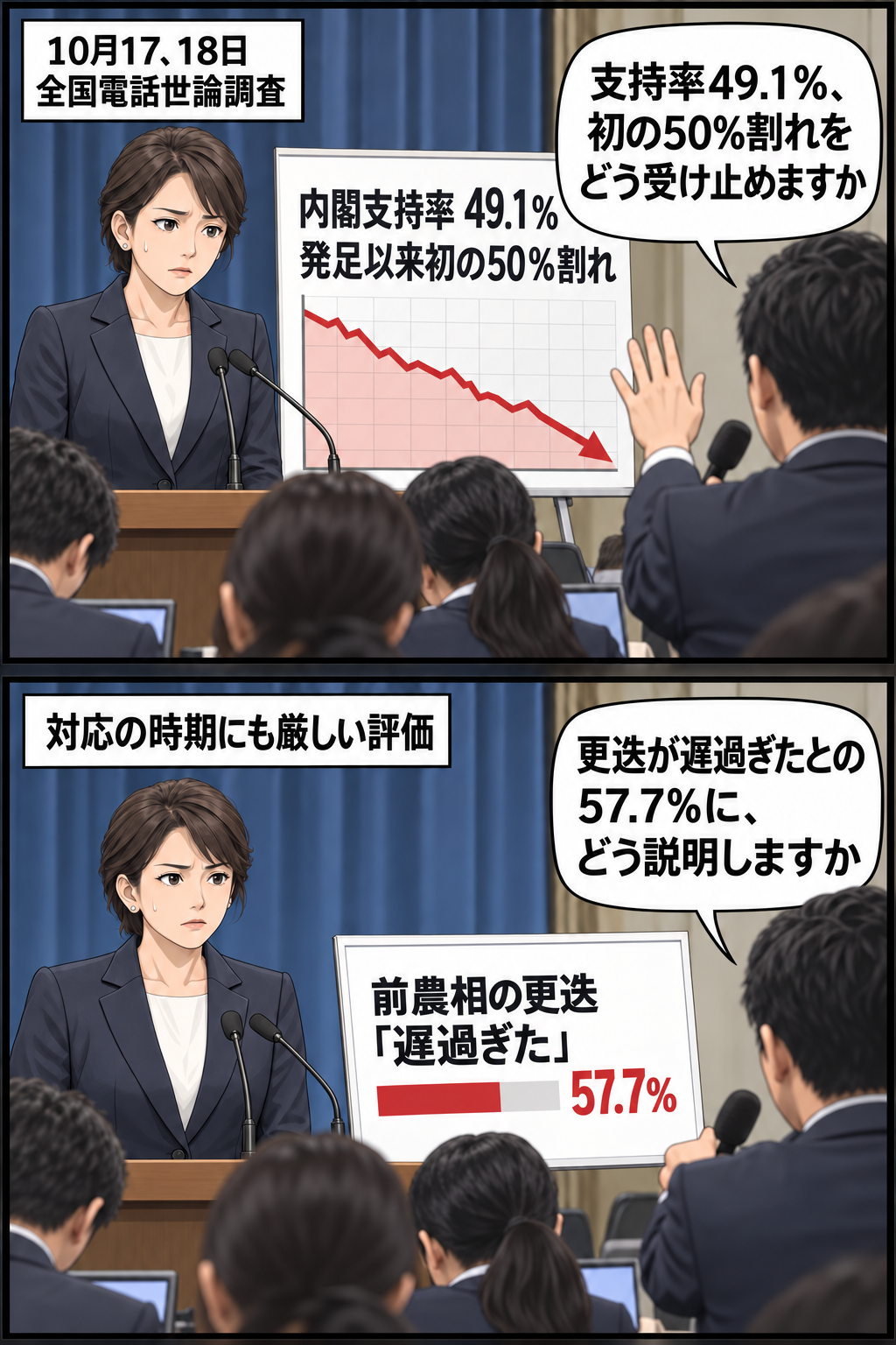 全国電話世論調査で内閣支持率が49.1％と初めて50％を下回り、前農相の更迭を遅過ぎたとする回答が57.7％だったことを、記者から厳しく問われる女性の首相風キャラを通じて描く2コマ漫画。