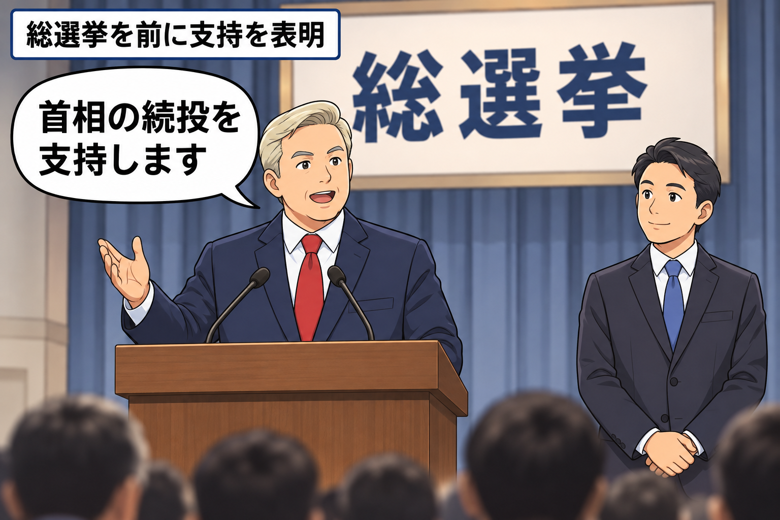 総選挙を示す掲示を背景に、スーツ姿の男性の大統領風キャラが、スーツ姿の男性の首相風キャラの続投を支持すると表明している。