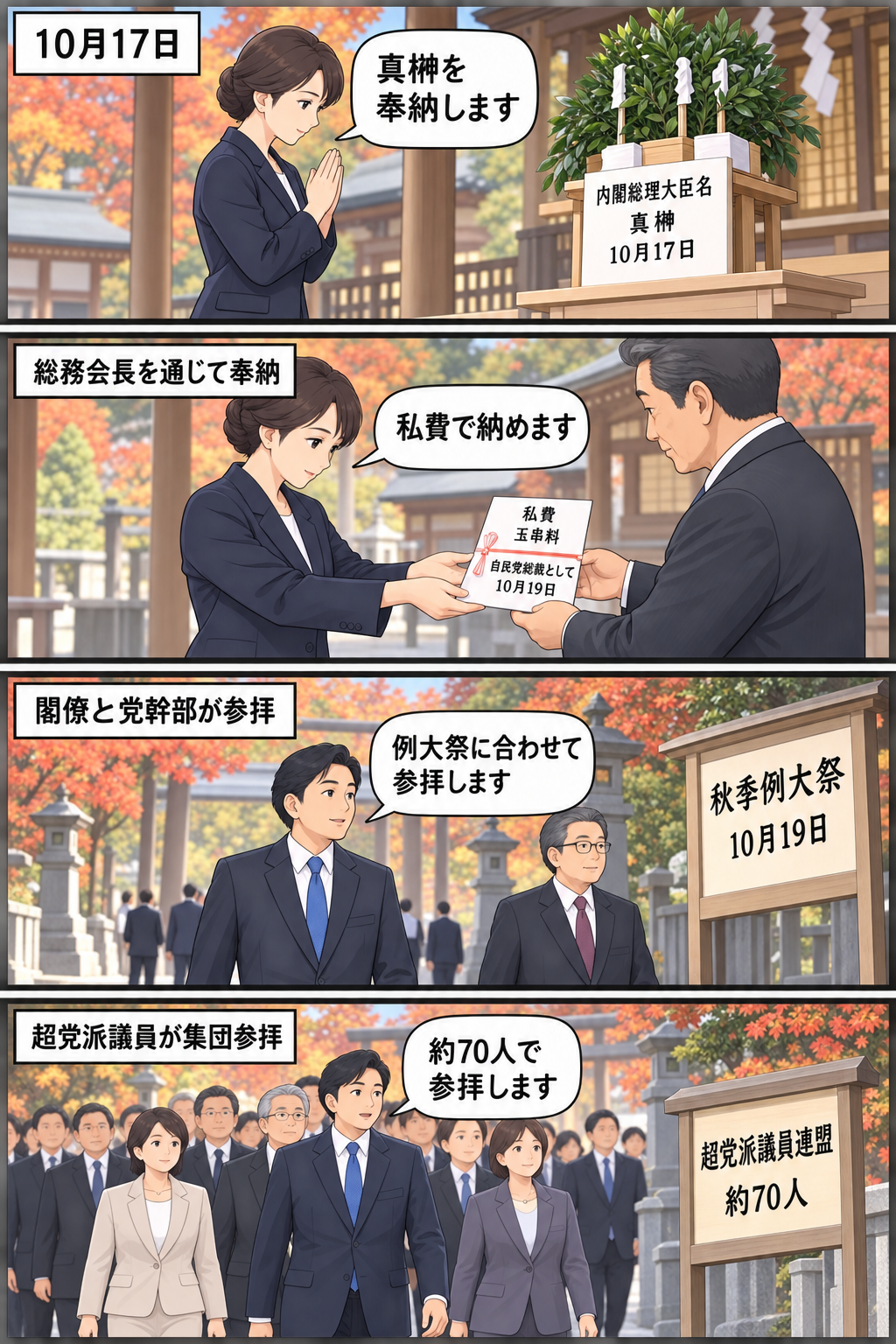 秋季例大祭に合わせ、女性の首相風キャラによる真榊の奉納と私費の玉串料、男性の閣僚・党幹部風キャラの参拝、約70人の議員風キャラの集団参拝を時系列で描いた4コマ漫画。
