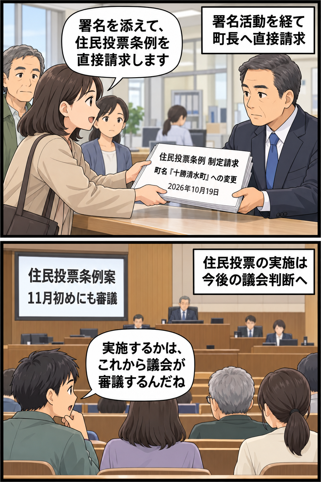 北海道清水町の住民団体が署名を添えて町名変更に関する住民投票条例を直接請求し、町議会での審議を待つ流れを中立的に描いた2コマ漫画。