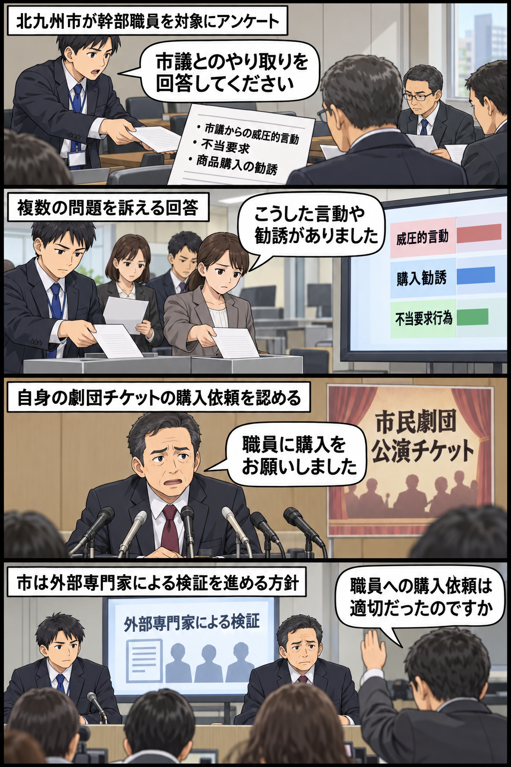 北九州市による幹部職員アンケートから、威圧的言動や購入勧誘を訴える回答、男性の市議会議長風キャラによる劇団チケット購入依頼の説明、外部専門家による検証方針までを批判的かつ中立的に描く4コマ漫画。