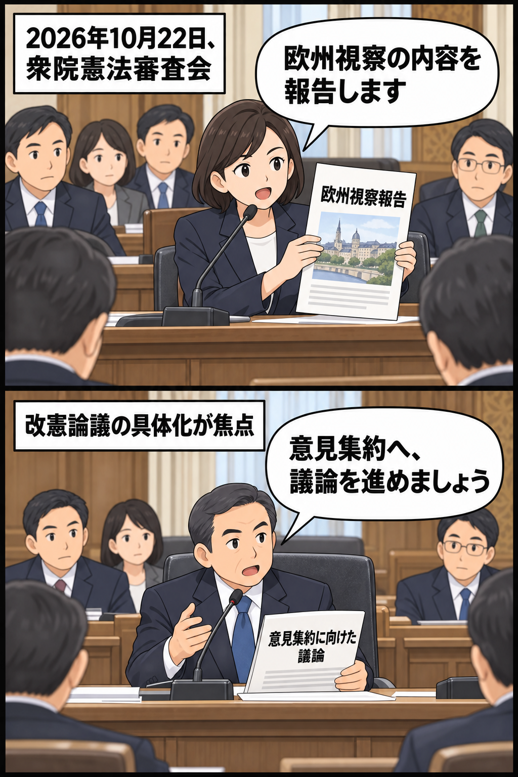 衆院憲法審査会で議員団が欧州視察を報告し、続いて会長役が意見集約に向けた議論の推進を求める中立的な2コマ漫画。