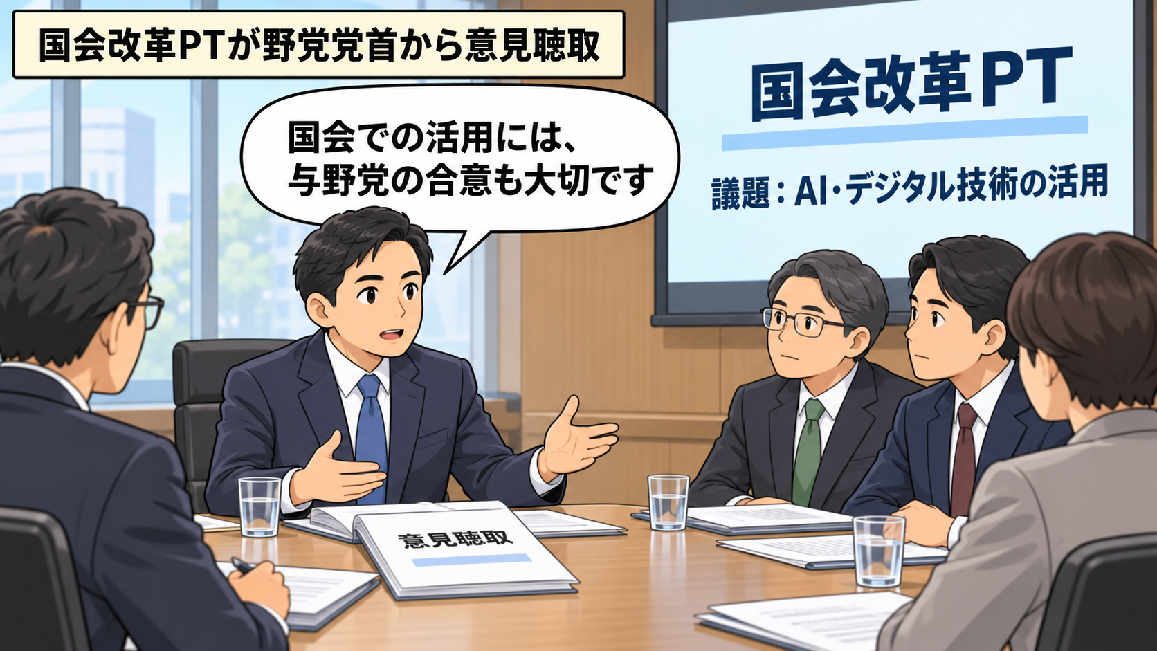 国会改革PTの会議室で、スーツ姿の男性の野党党首風キャラが、AIとデジタル技術の国会活用や与野党の合意について説明している。