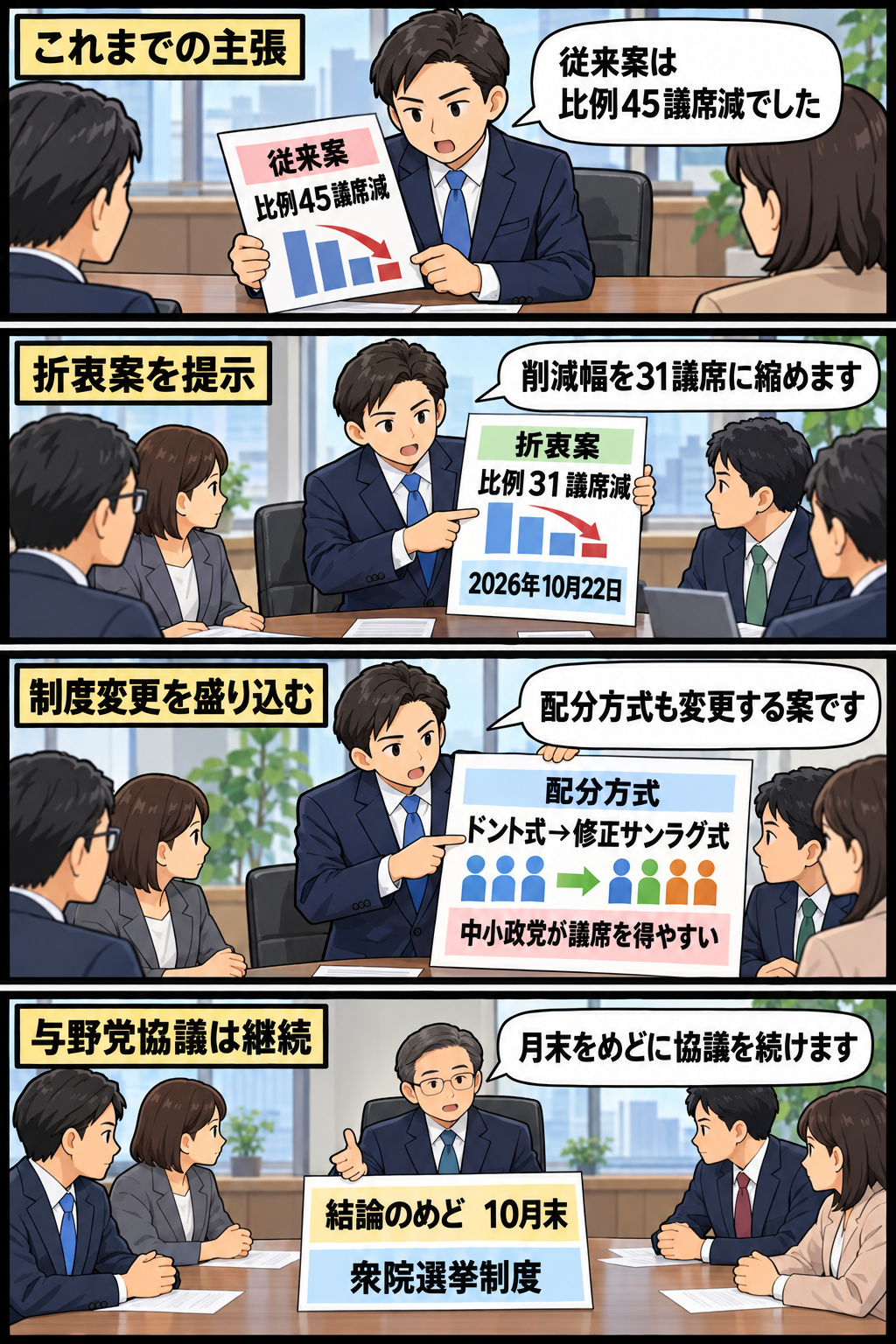 与党側が衆院比例代表の削減幅を45議席から31議席へ縮小し、配分方式を修正サンラグ式へ変更する案を提示し、与野党が10月末をめどに協議する様子を描いた4コマ漫画。