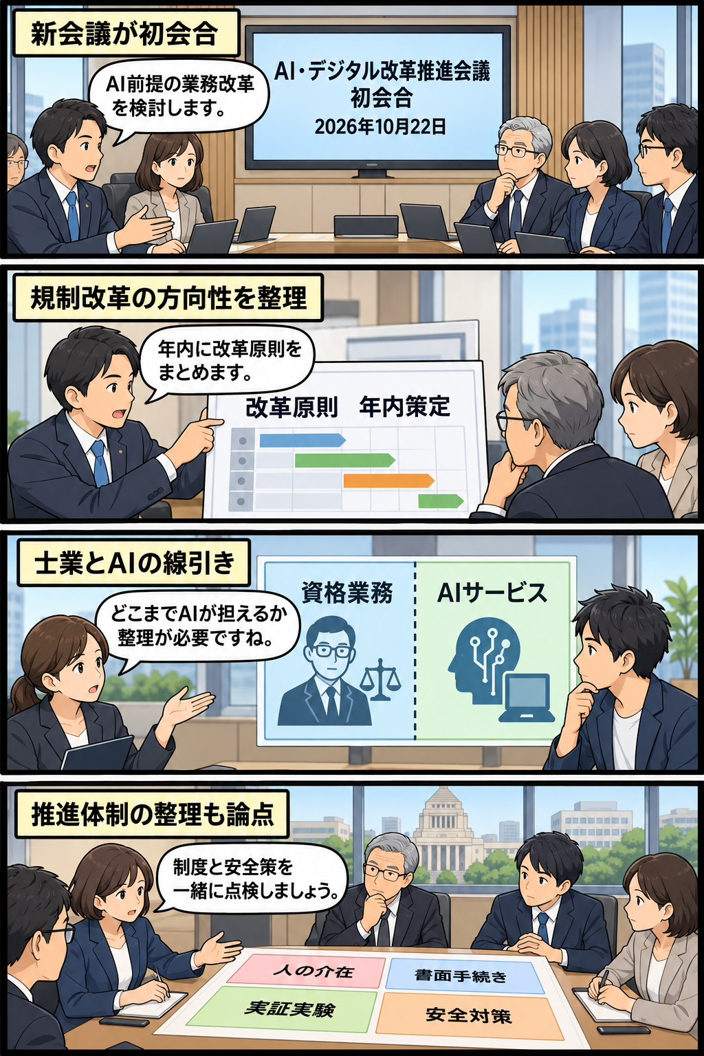 政府の新会議がAIを前提とする改革原則の年内策定を掲げ、士業とAIサービスの線引きや既存制度、安全対策を順に検討する様子を描いた4コマ漫画。