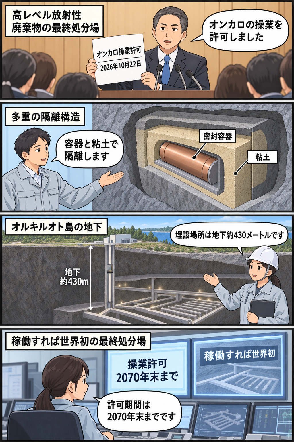 政府の操業許可から、放射性廃棄物を容器と粘土で隔離し、地下約430メートルへ埋設する計画、2070年末までの許可期間を順に描いた4コマ漫画。