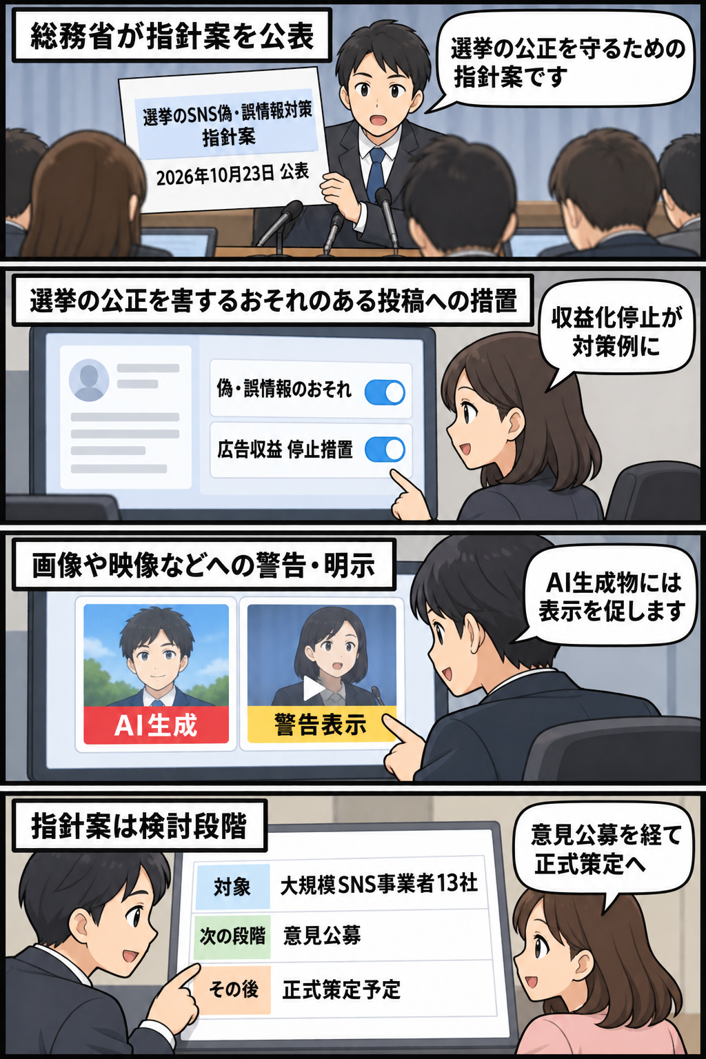 総務省による選挙のSNS偽・誤情報対策の指針案公表から、収益化停止、AI生成物への警告表示、大規模SNS事業者13社を対象とする意見公募までを中立的に描いた4コマ漫画。