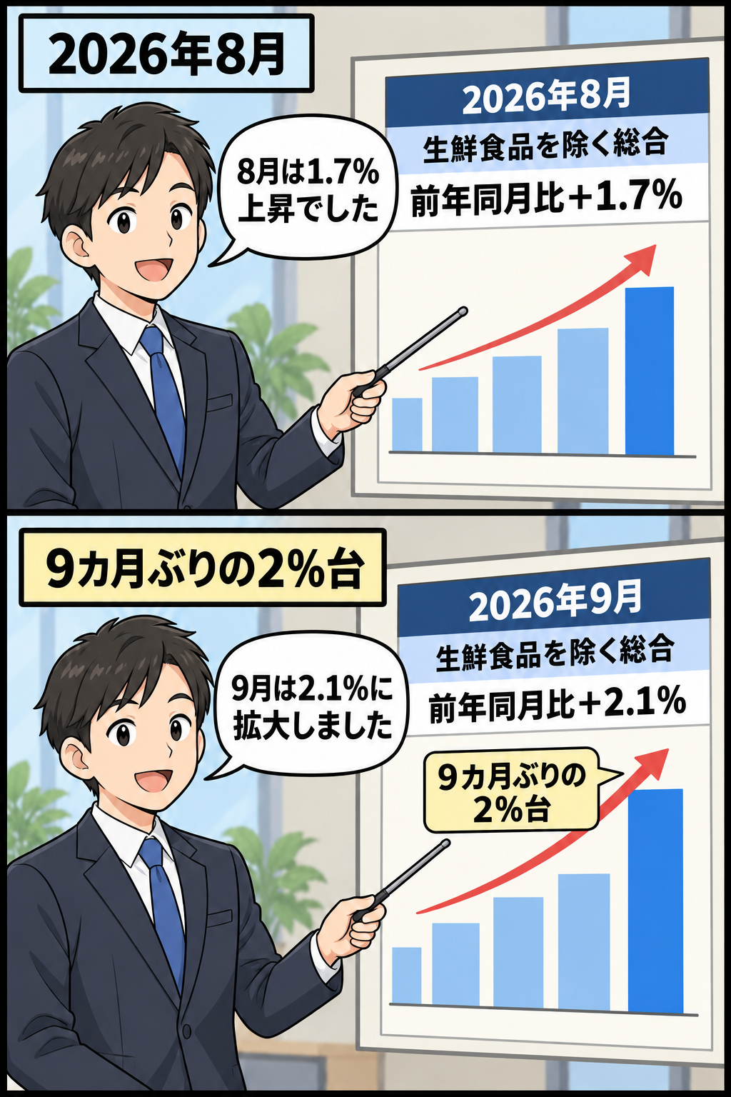 全国消費者物価指数の上昇率が、8月の1.7％から9月の2.1％へ拡大したことを、統計担当者が二つのグラフで淡々と説明する2コマ漫画。