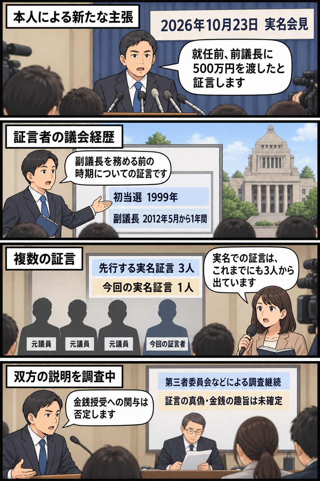 福岡県議会の金銭授受疑惑について、元副議長経験者が会見で現金提供を証言し、過去の在任時期と先行証言を確認した後、名指しされた側の否定と第三者による調査継続を中立的に描く4コマ漫画。
