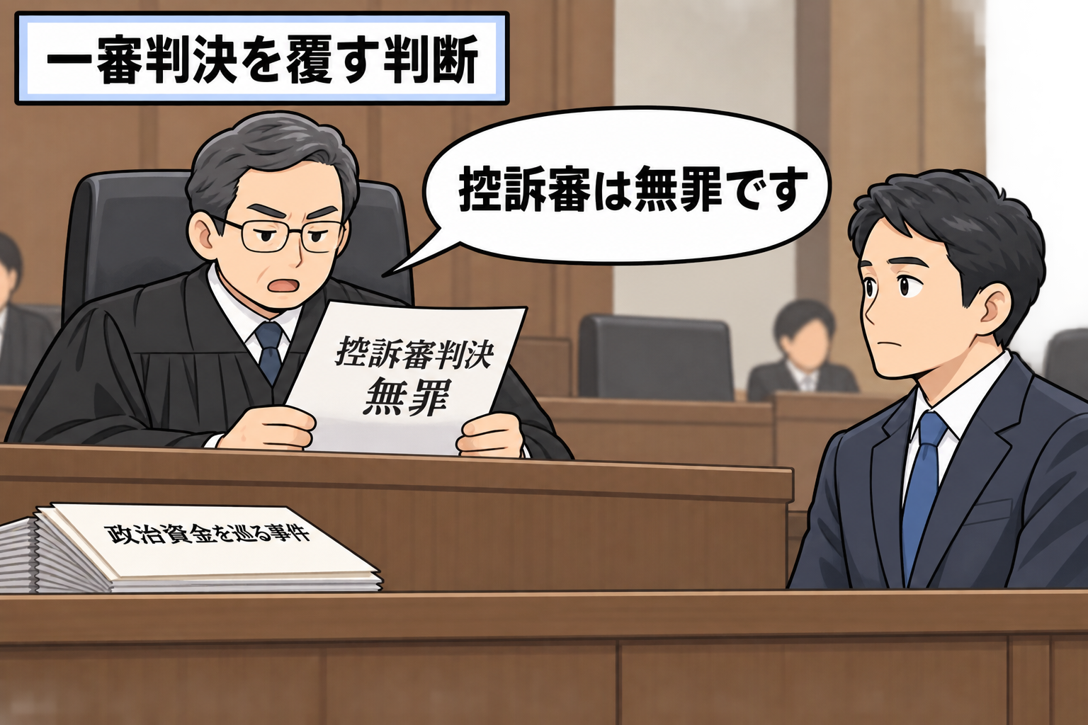 法廷で裁判官風キャラが、政治資金を巡る事件について控訴審の無罪判決を示し、スーツ姿の男性の市長風キャラが静かに聞いている中立的な一コマ漫画。