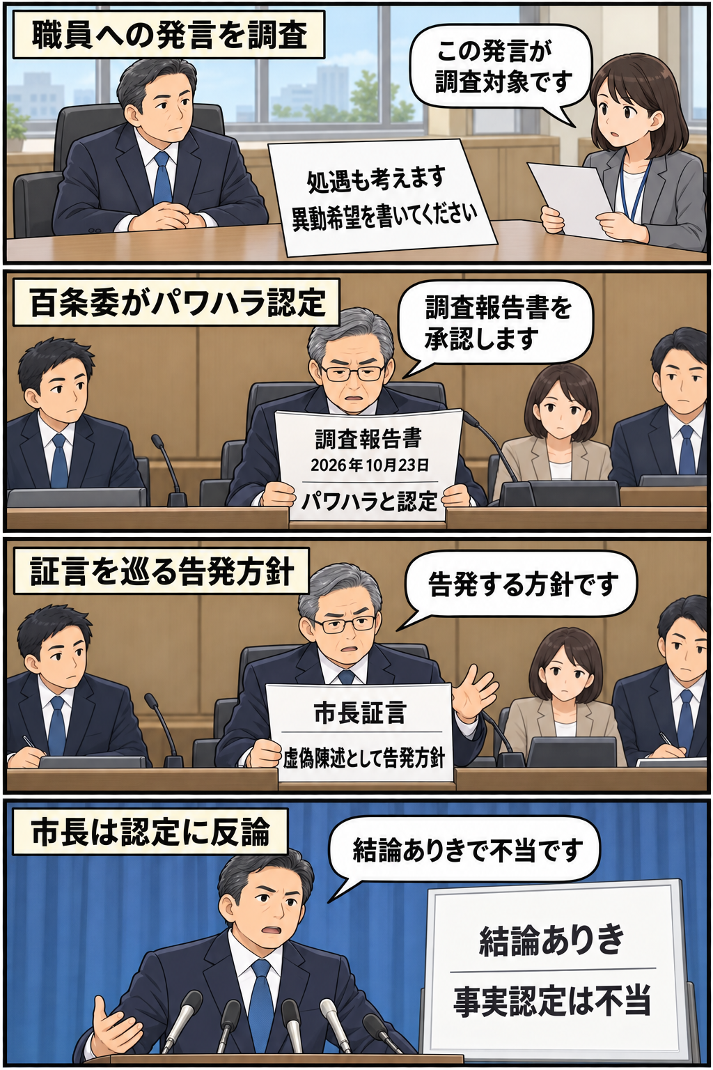 伊賀市議会の百条委員会が、市長の職員への発言を調査してパワハラと認定し、虚偽陳述での告発方針を示す一方、市長側が不当だと反論する経緯を描いた4コマ漫画。