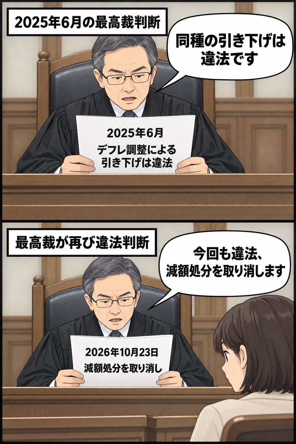 生活保護費のデフレ調整をめぐり、最高裁が2025年に続いて2026年にも違法と判断し、今回は受給者への減額処分を取り消した経緯を描く2コマ漫画。