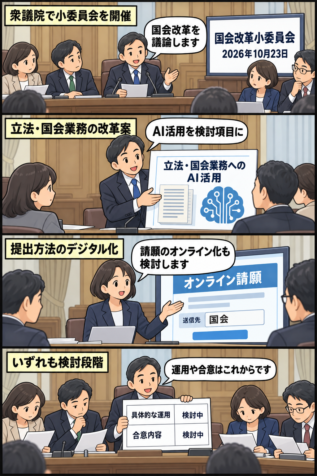 衆議院の国会改革小委員会で、立法・国会業務へのAI活用とオンライン請願が改革項目として示され、具体的な運用や合意は今後の検討と確認される4コマ漫画。