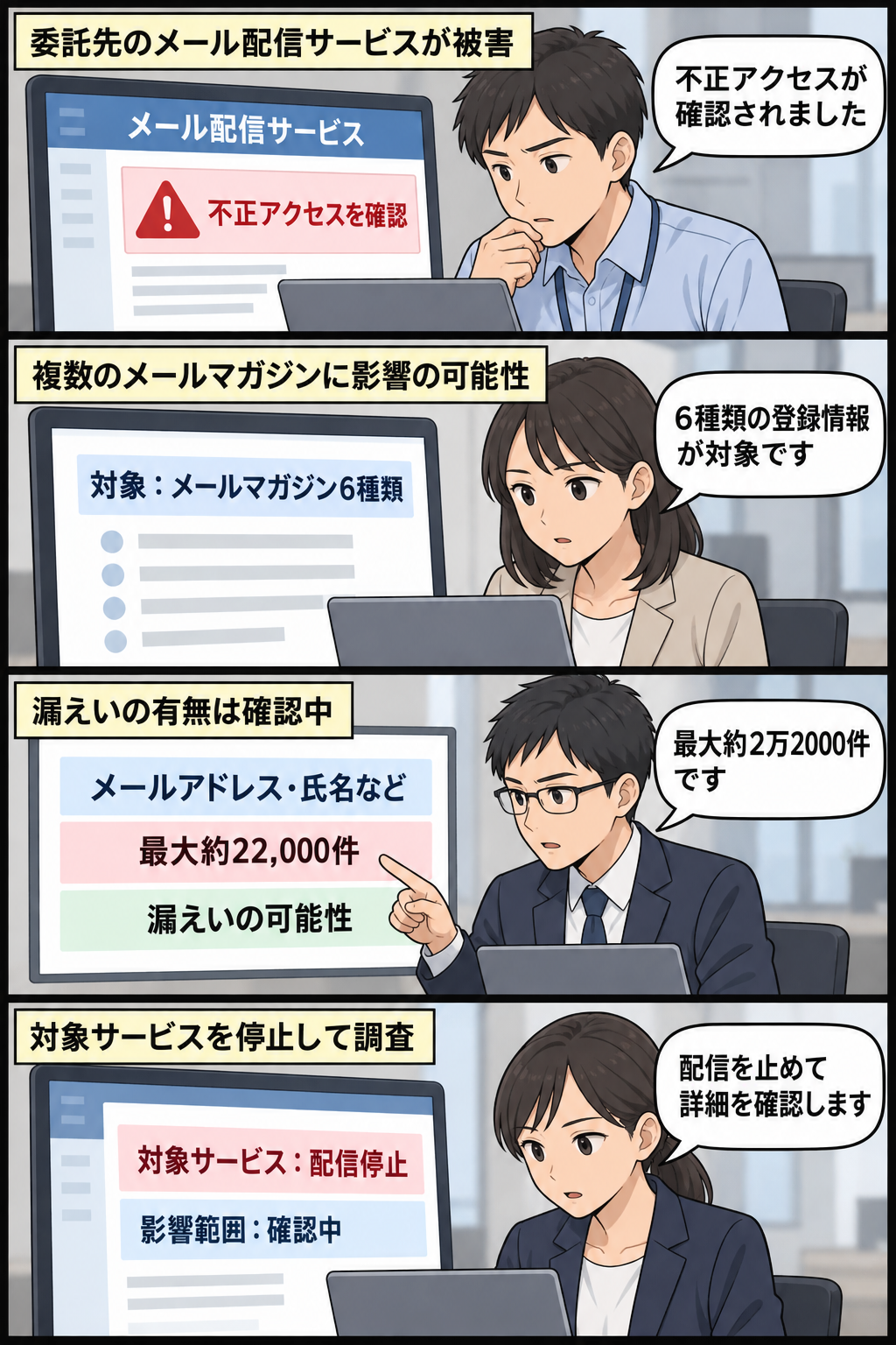 メール配信サービスへの不正アクセスから、環境省の6種類のメールマガジン、最大約2万2000件の登録者情報への影響可能性、配信停止と詳細確認までを中立的に描いた4コマ漫画。