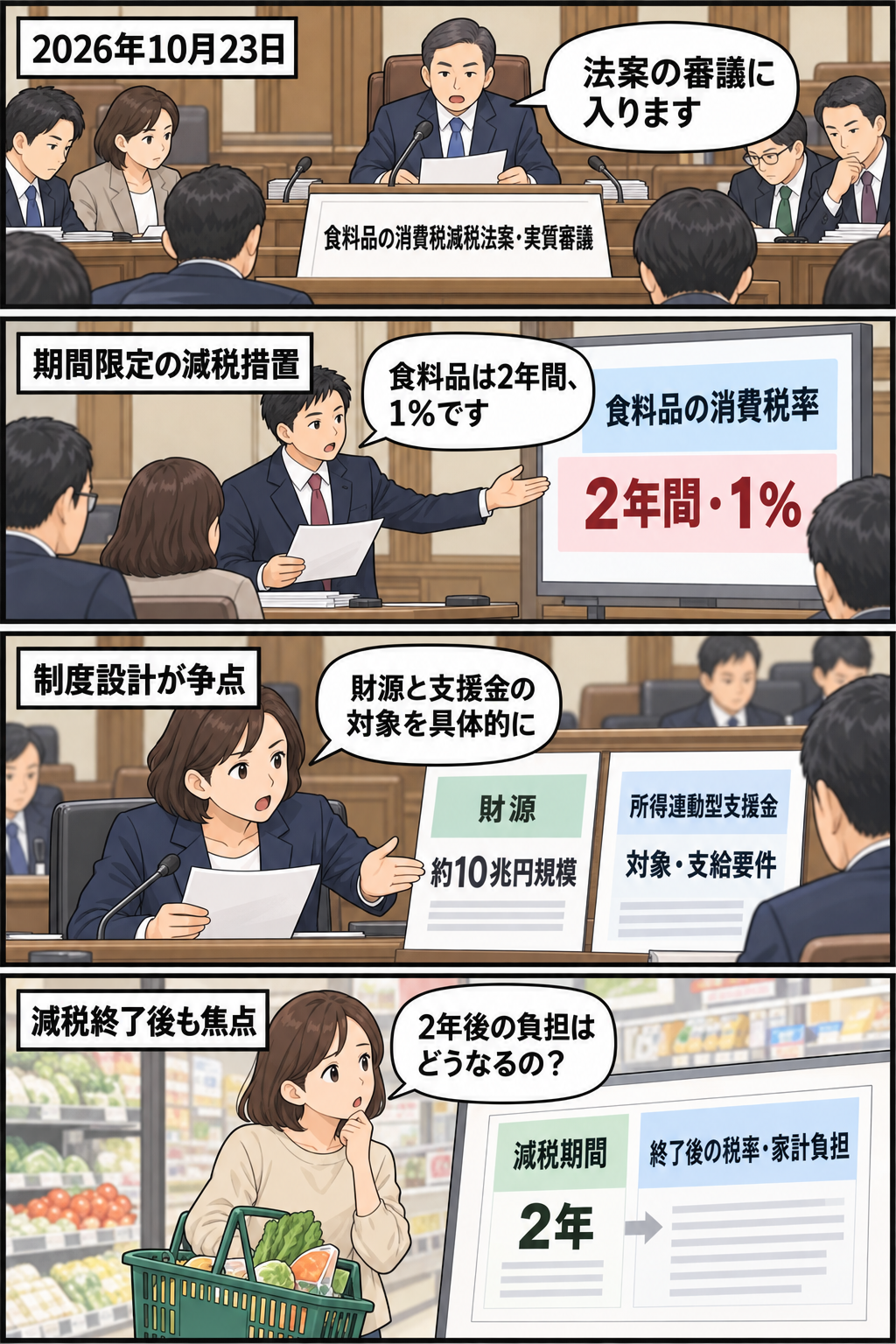 衆議院委員会で食料品の消費税減税法案が審議され、2年間の税率1％、約10兆円規模の財源、所得連動型支援金、減税終了後の家計負担が順に論点として示される4コマ漫画。