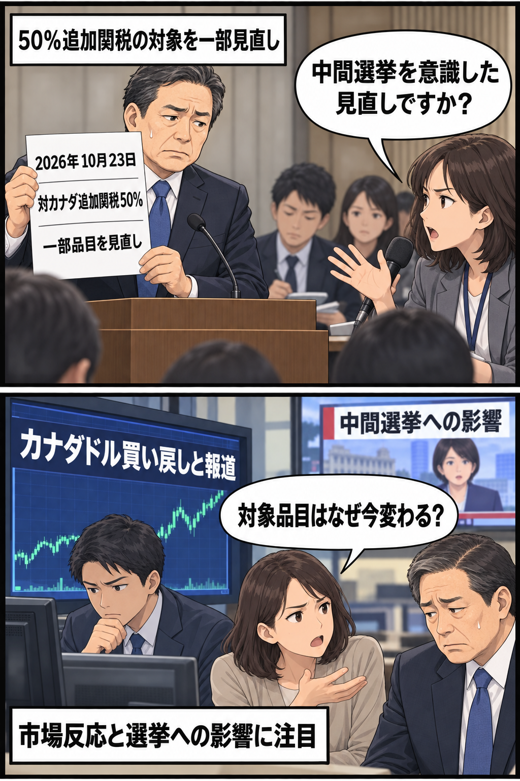 米政権を表す一般化された男性の大統領風キャラが対カナダ50％追加関税の対象見直しを示し、記者が中間選挙との関係を問いかける。続く場面では、市場関係者がカナダドル買い戻しの報道を確認し、有権者が政策修正の...