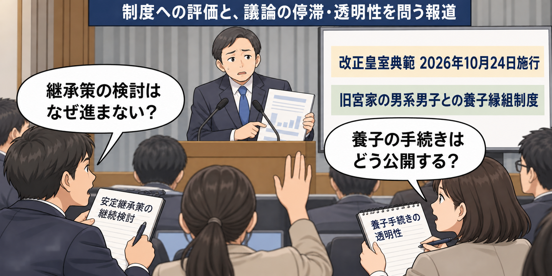 改正皇室典範と養子制度を説明する担当者に、記者たちが安定継承策の検討状況と手続きの透明性を問いかける一コマ漫画。