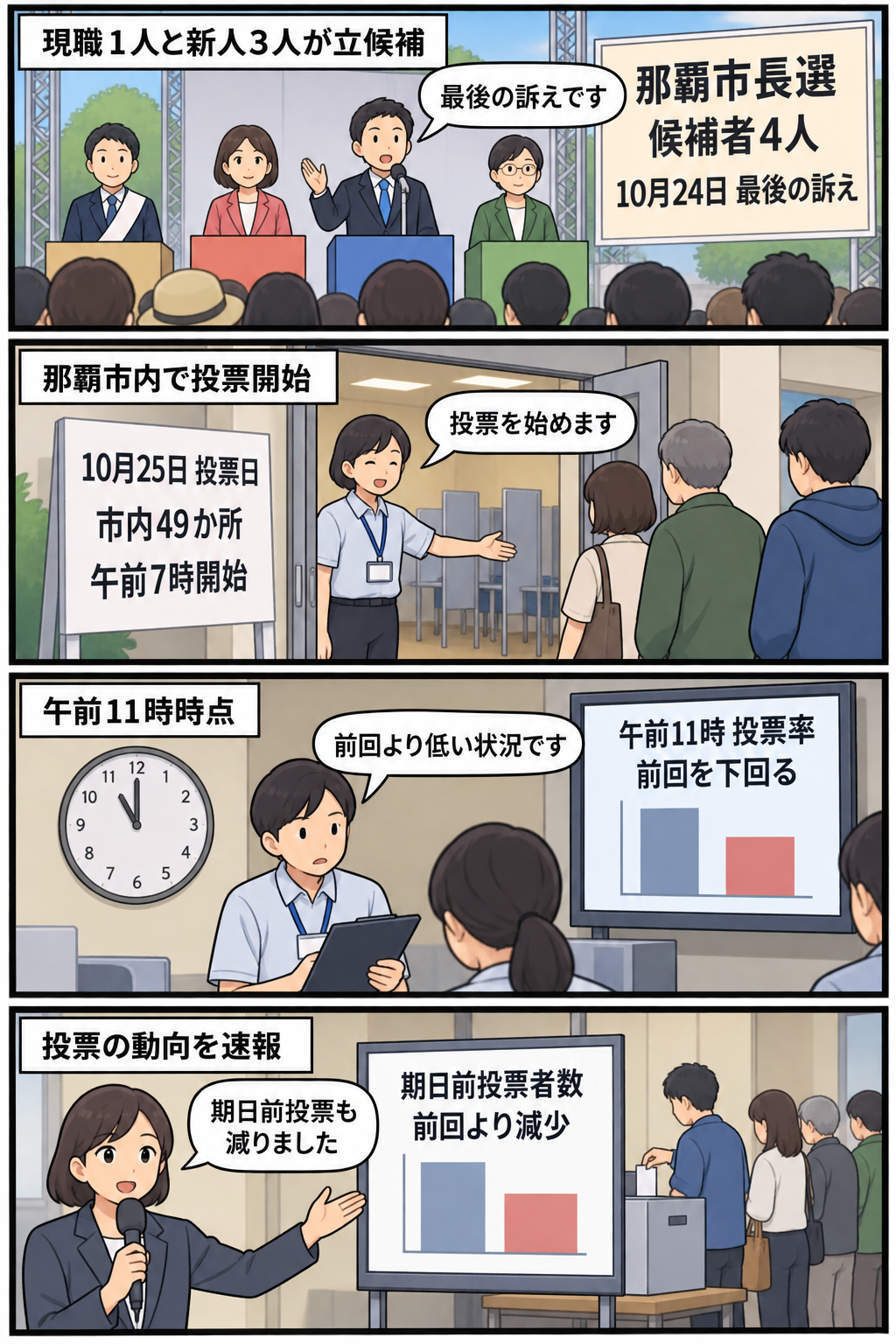 4候補の最後の訴えから、那覇市内49か所での投票開始、午前11時時点の投票率と期日前投票者数が前回を下回ったことまでを中立的に描く4コマ漫画