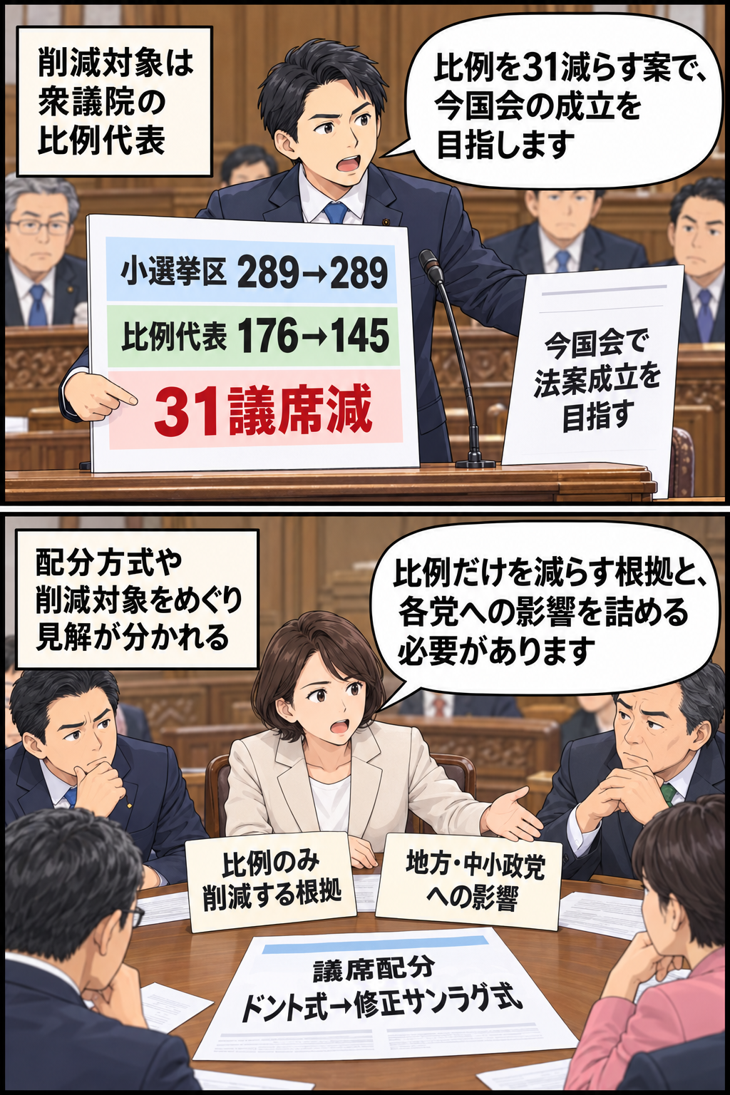 衆議院の小選挙区を維持して比例代表を31議席減らす案を与党担当者が説明し、続いて配分方式の変更と政党間協議の必要性が示される2コマ漫画。